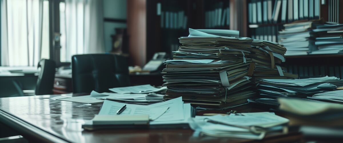 Concept art of an article about Expatriation Rejected: government office desk with lots of paperwork piled up (AI Art)