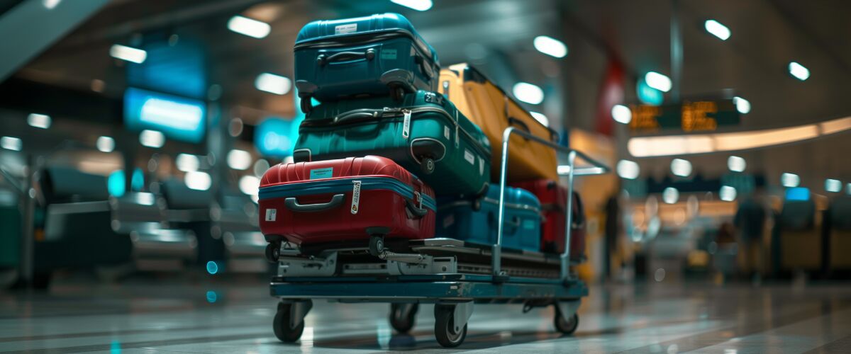 Concept art of an article about a Good Candidate for Expatriation: airport trolley filled with suitcases (AI Art)