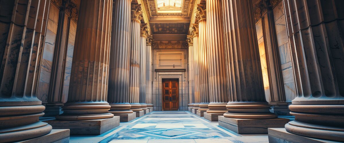 Concept art of an article about Civil Asset Forfeiture Supreme Court: hallway with huge columns inside a courthouse (AI Art)