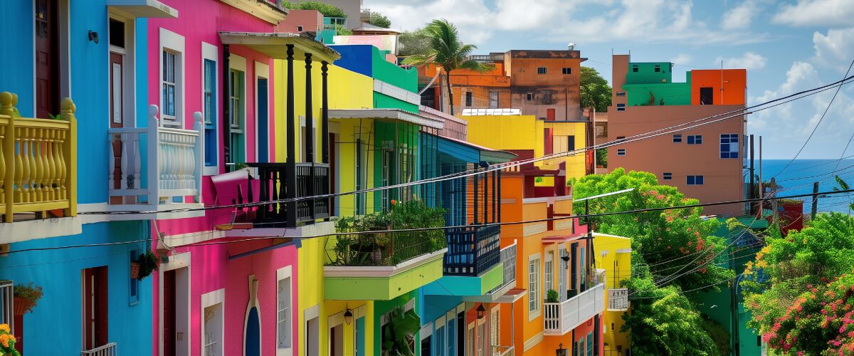 Concept art of an article about a Debate on Puerto Rico’s Tax Policy: colorful houses in Puerto Rico (AI Art)