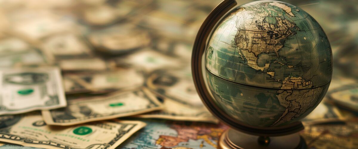Concept art of an article about Bank Bail Ins: old globe on a world map with American dollar bills lying around (AI Art)