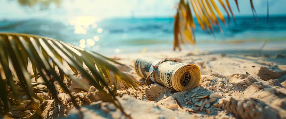 Concept art of an article about Offshore Scam and Offshore Fraud: roll of American bills on a beach (AI Art)