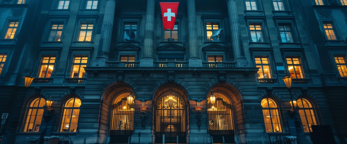 Concept art of an article about Swiss Banking Secrecy: big Swiss bank building (AI Art)
