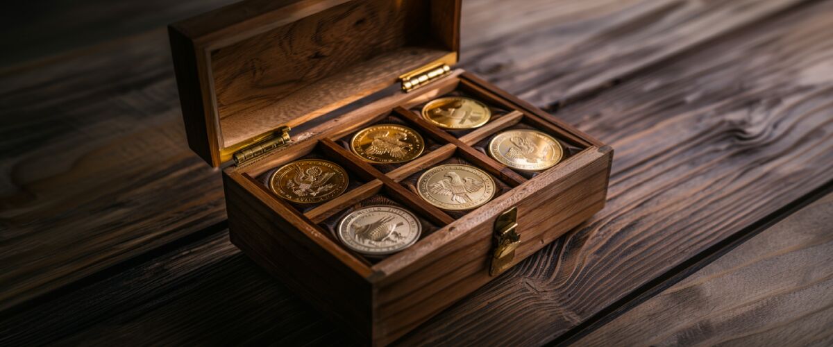 Concept art of an article about Gold vs Fiat Currency: gold coins in a wooden box (AI Art)