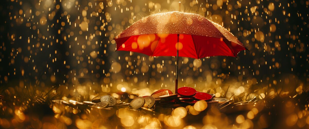 Concept art of an article about Common Asset Protection Mistakes: red umbrella protecting golden coins from the rain (AI Art)