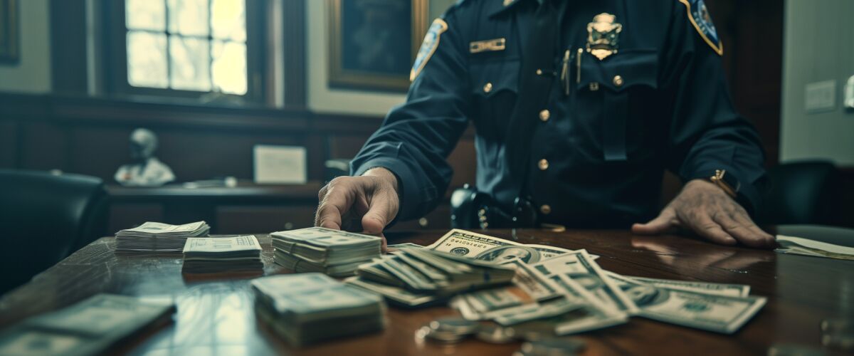 Concept art of an article about Exposing Civil Forfeiture Abuse: police counting money (AI Art)