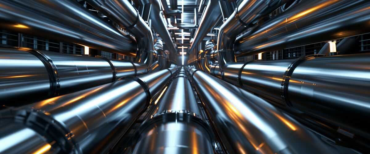 Concept art of an article about Industrial Metals Outperforming Gold: shiny industrial metal pipes (AI Art)