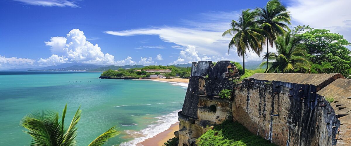 Concept art of an article about Puerto Rico’s Economic Crisis: cliffside and beach in Puerto Rico (AI Art)