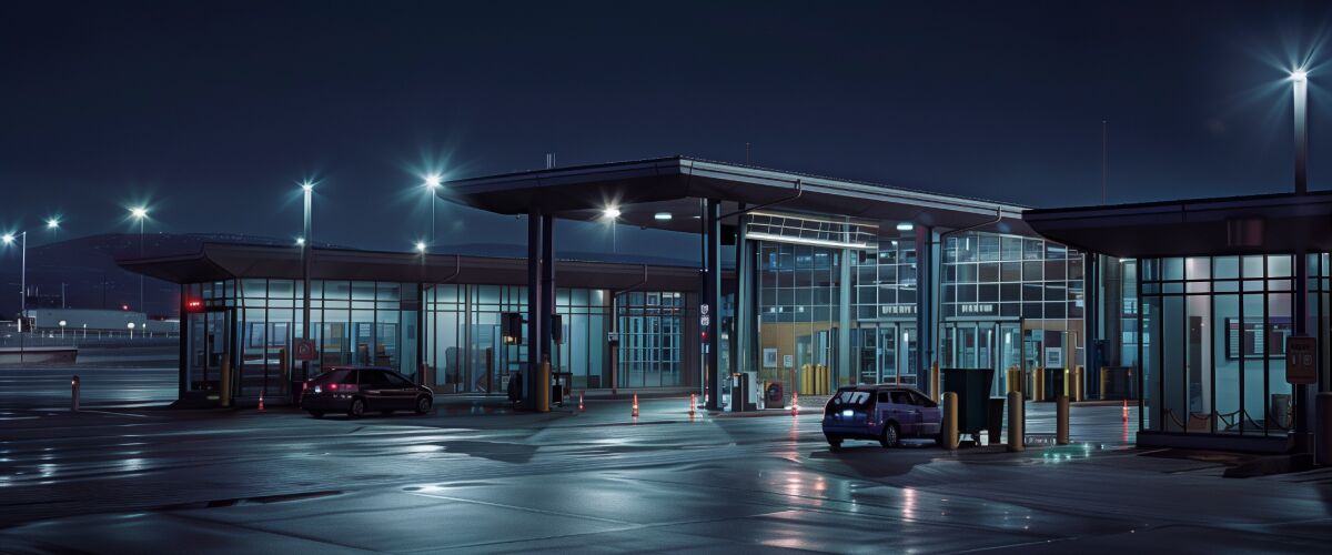 Concept art of an article about Senate Bill 1241: American land border crossing at night (AI Art)