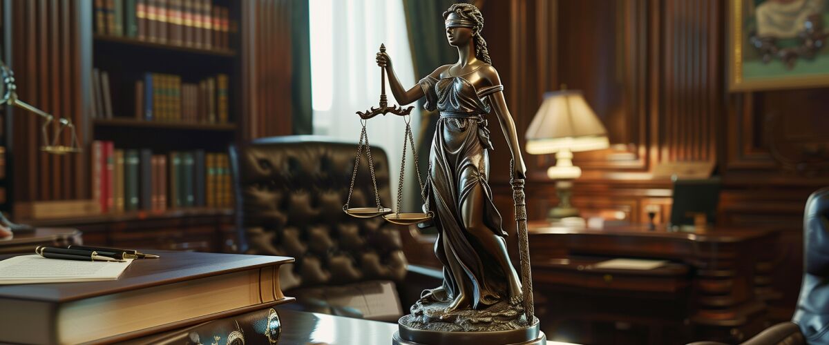 Concept art of an article about Michael Cohen Attorney Client Privilege: statue of Lady Justice on lawyer’s desk (AI Art)