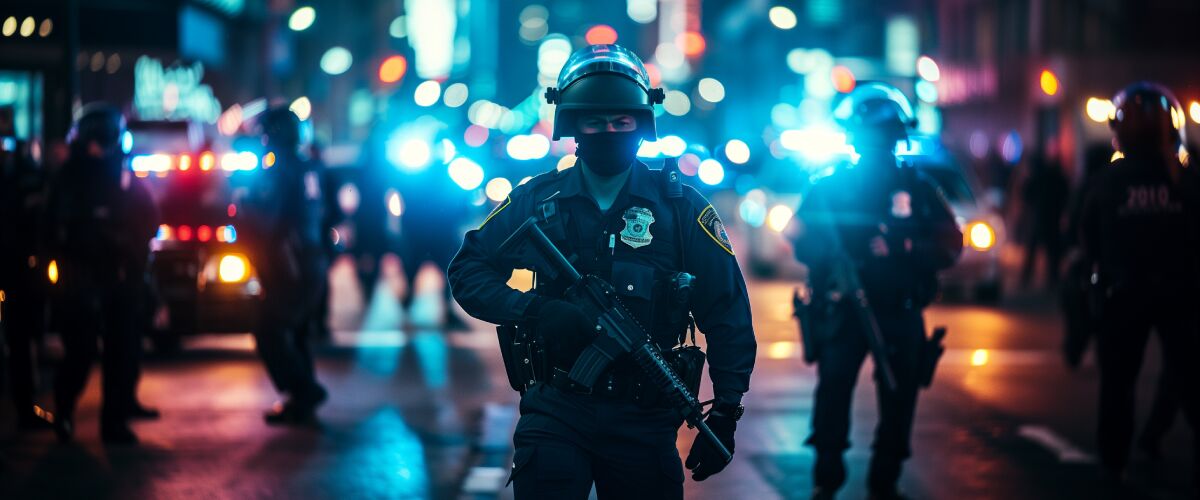 Concept art of an article about The End of Civil Asset Forfeiture—NOT: Police in a city street at night (AI Art)