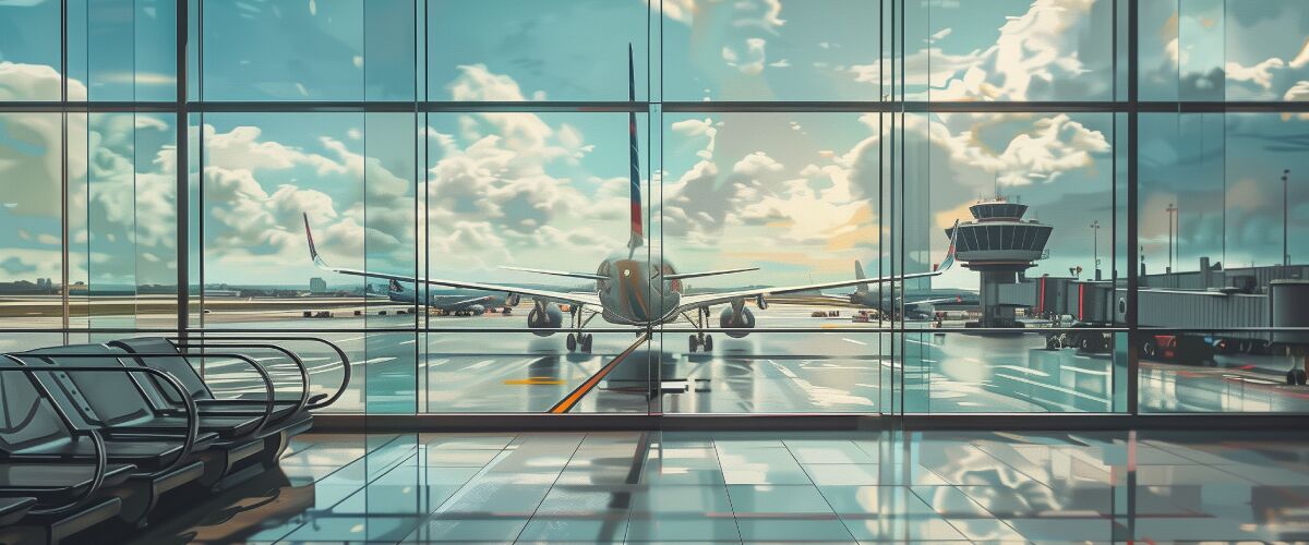 Concept art of an article about Leaving America: airplane parked at an airport gate (AI Art)