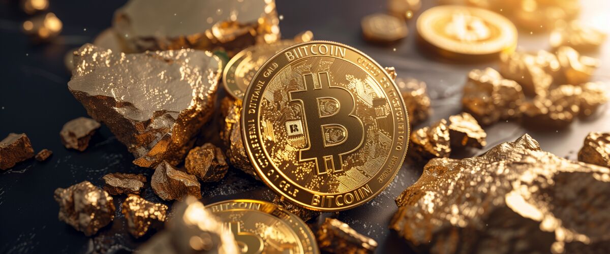 Concept art of an article about Gold vs Bitcoin Comparison and Insights: golden bitcoin coin next to pieces of gold (AI Art)