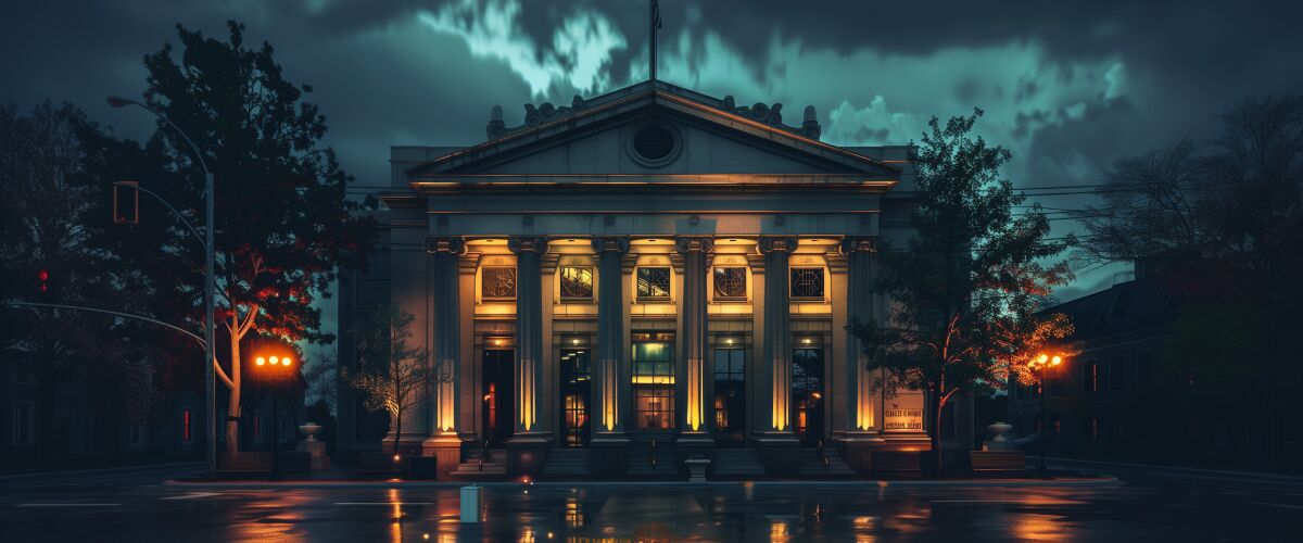 Concept art of an article about The Impact of CBDC on Banks: beautiful bank building at night (AI Art)