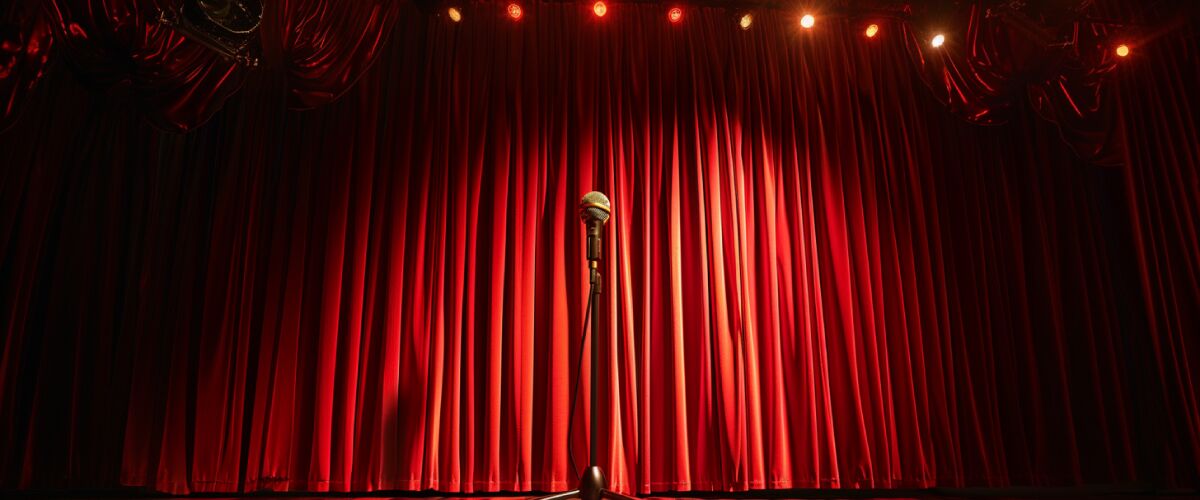 Concept art of an article about Aretha Franklin Estate Plan: microphone on stage with red curtain backdrop (AI Art)