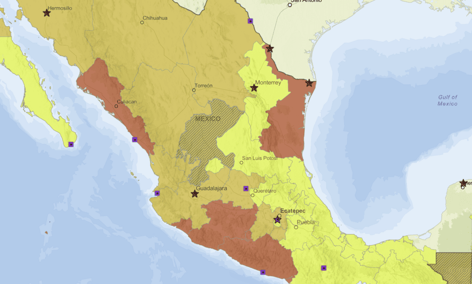 A map of Mexico showing travel alerts for different areas in Mexico. Source: US State Department.