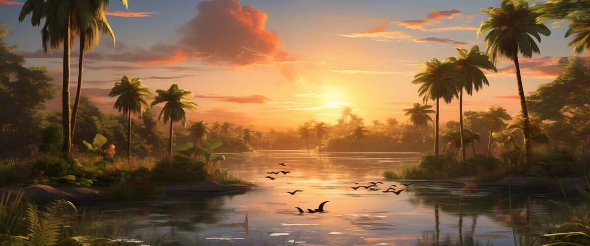 Concept art of an article that talks about Florida Land Trusts: a sunset in a lush wetland (AI Art)