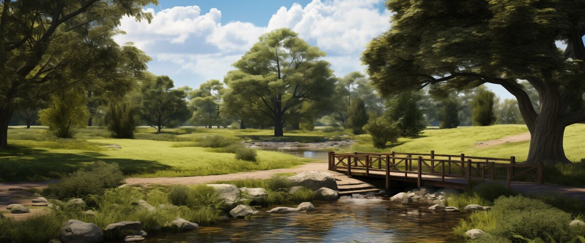 Concept art of an article about Illinois Land Trusts: A bridge over a stream in a tranquil field (AI Art)