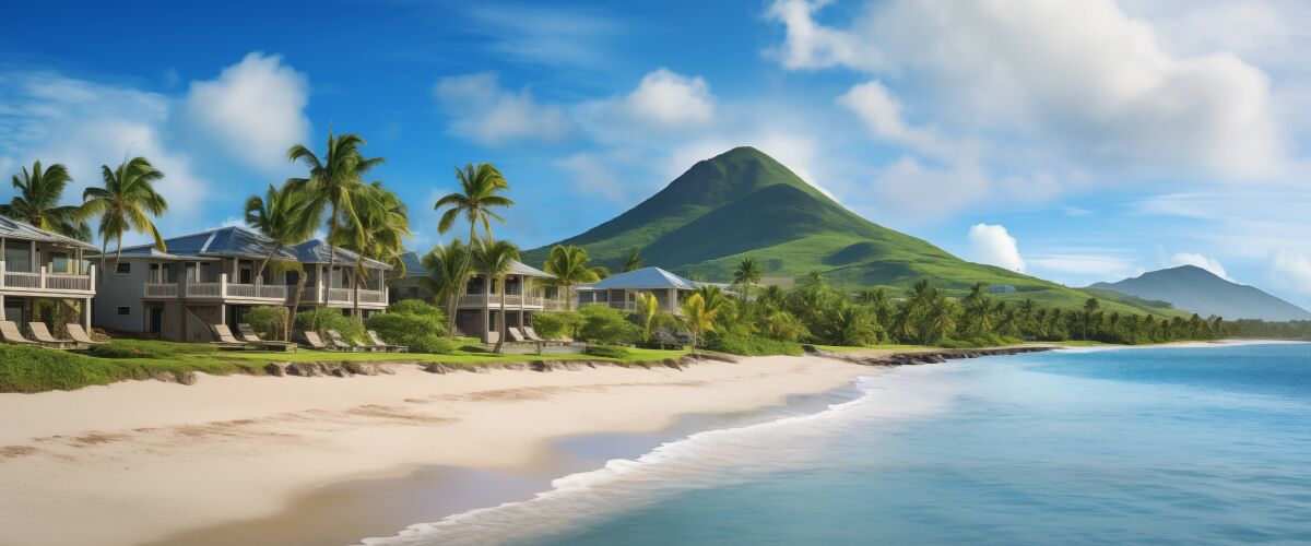 Concept art of an article about Saint Kitts and Nevis Citizenship by Investment: Houses on a white sandy beach (AI Art)