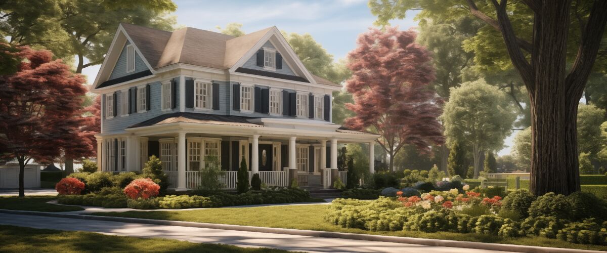Concept art of an article about a Maryland Living Trust: A smart looking house with lush garden (AI Art)