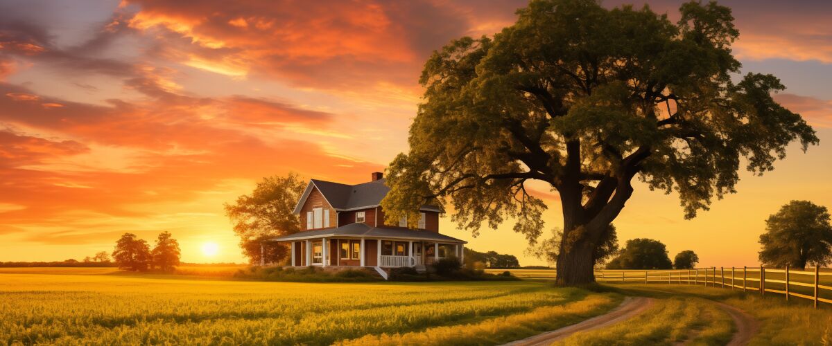 Concept art of an article about an Illinois Living Trust: Rural scene in Illinois featuring a farmhouse and large tree (AI Art)