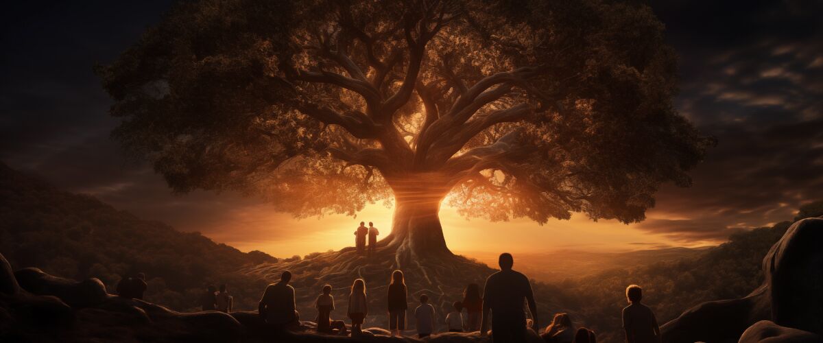 Concept art of an article comparing a Family Trust to a Living Trust: An oak tree representing wealth, with a family around (AI Art)
