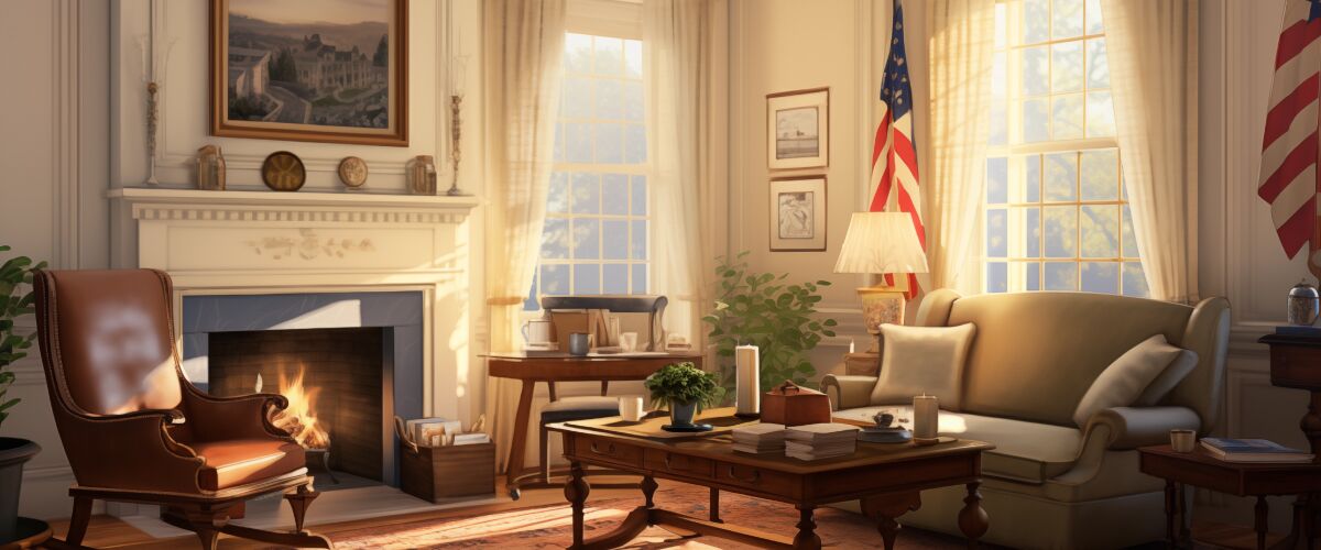 Concept art of an article about a Virginia Living Trust: serene sunlit living room with elegant wooden furniture (AI Art)