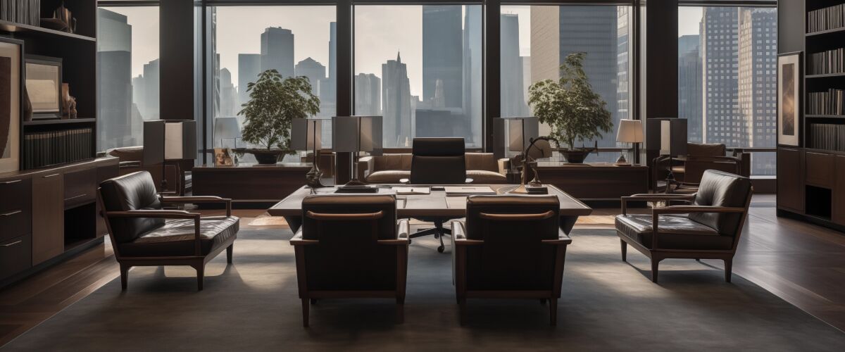 Concept art of an article about Domestic Asset Protection Trust States: elegant lawyer's office with wooden furniture and view of a metropolitan city (AI Art)