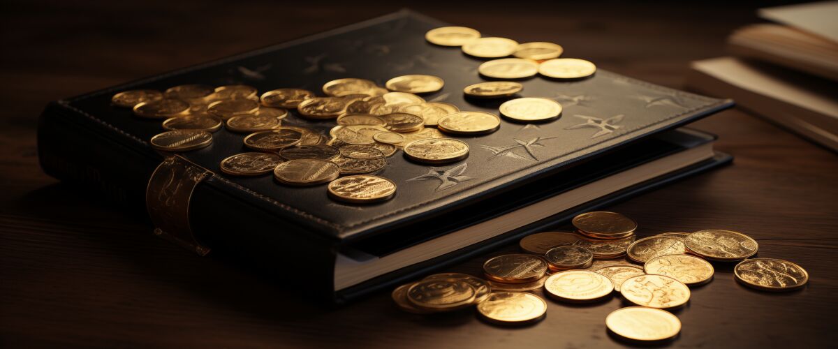 Concept art of an article about Best Gold Coins to Buy: fancy folder with gold coins lying around on a dark, wooden table (AI Art)