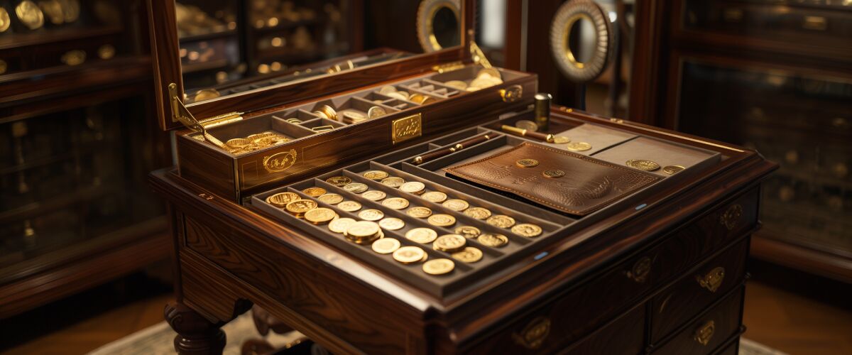 Concept art of an article about How to Sell Gold Without Paying Taxes: gold coin collection on an antique wooden desk (AI Art)