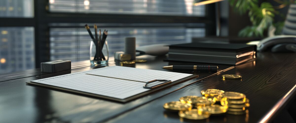 Concept art of an article about How to Sell Gold Anonymously: modern, wooden office desk with notepad, pen and gold coins (AI Art)
