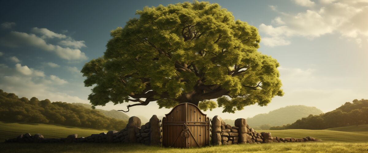 Concept art of an article about What is a Living Trust: green meadow with a sprawling oak tree, surrounded with. a shield-shaped fence (AI Art)