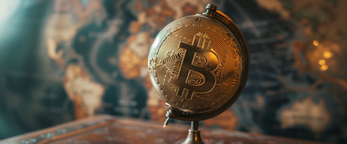 Concept art of an article about Crypto Offshore: golden globe with bitcoin symbol with world map in background (AI Art)