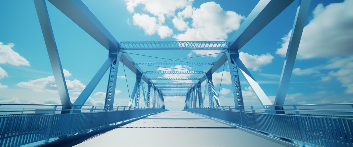 Concept art of an article about a Bridge Trust: modern steel bridge with a blue sky in the background (AI Art)