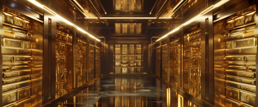 Concept art of an article about Best Countries for Offshore Gold Storage: warehouse filled with gold bars (AI Art)