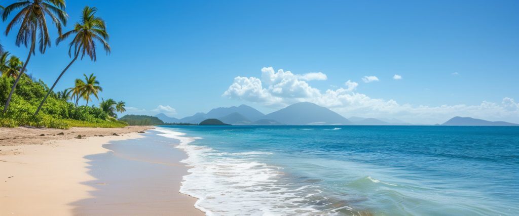 Concept art of an article about Nevis Trusts: sandy beach in Nevis on a sunny day (AI Art)