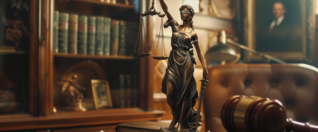 Concept art of an article about Self Directed IRA Prohibited Transactions: Lady Justice on a lawyer’s desk (AI Art)
