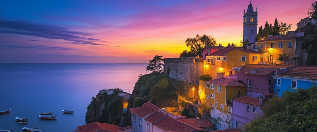 Concept art of an article about Golden Visas in Europe: Portuguese village overlooking the ocean with fishing boats in the water (AI Art)