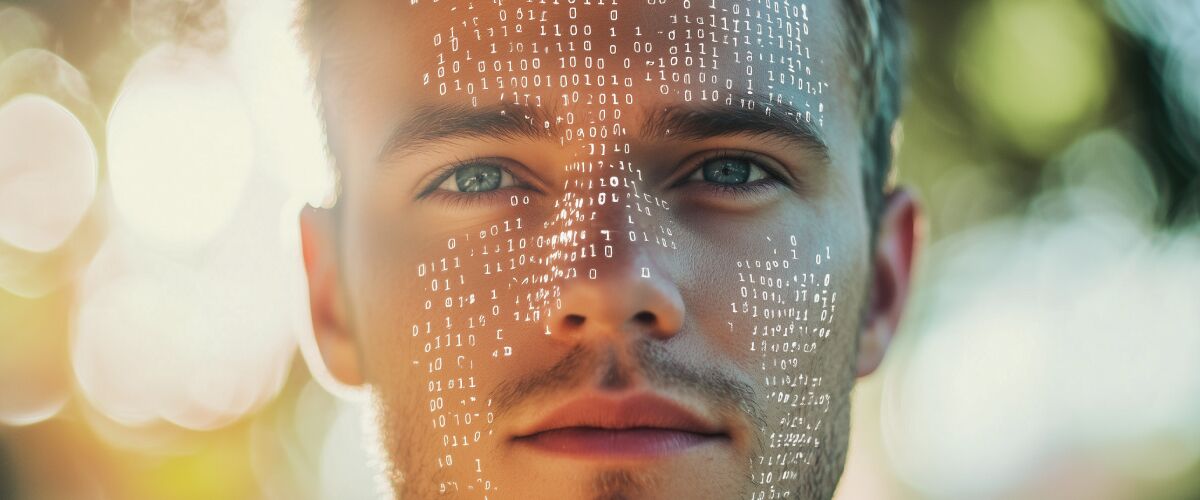 Concept art of an article about Deepfakes: How Fake News and AI Are Changing Truth Forever: man's face with binary code overlaying it (AI Art)