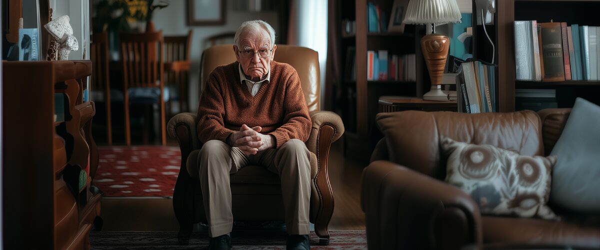 Concept art of an article about How to Protect Yourself from America's Guardianship Abuse System: unhappy elderly person sitting alone. (AI Art)