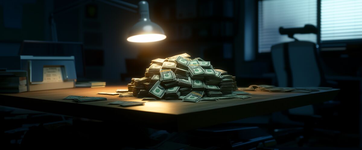 Concept art of an article about The resilience of Cash in a Digital World: money on a table under a spotlight (AI Art)
