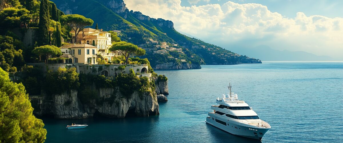 Concept art of an article about Offshore Investing Myths: Separating Fact from Fiction: private yacht near the Italian coastline (AI Art)