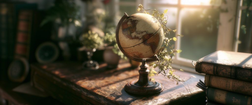 Concept art of an article about Benefits of Foreign Portfolio Investment: vintage globe on wooden desk by window (AI Art)