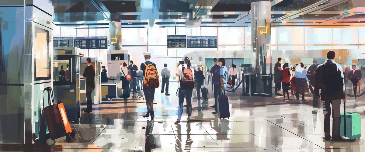 Concept art of an article about International Travel and Tangible Prepaid Access Devices (TPADs): drawing of people waiting at an airport (AI Art)