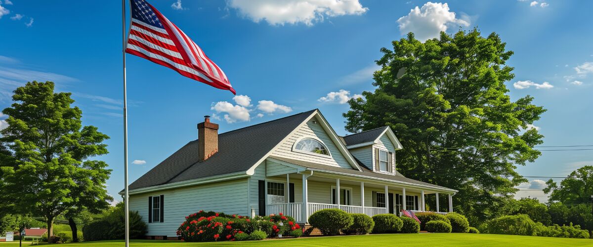 Concept art of an article about No Fifth Amendment Protection: American flag waving outside a nice family house (AI Art)