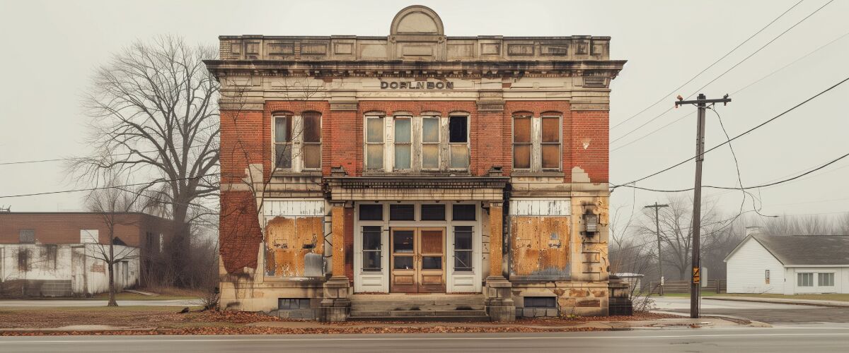 Concept art of an article about Surviving the Next Banking Crisis: abandoned bank building (AI Art)