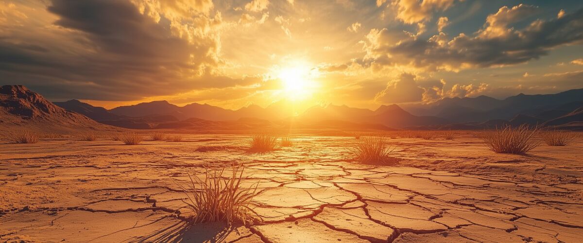 Concept art of an article about Free Market Climate Change Solutions: cracked desert ground with the sun in the background (AI Art)