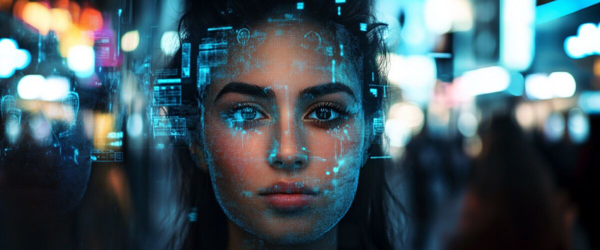 Concept art of an article about Government Surveillance Expansion in Time of Crisis: a woman’s face with digital facial recognition grids and data points (AI Art)