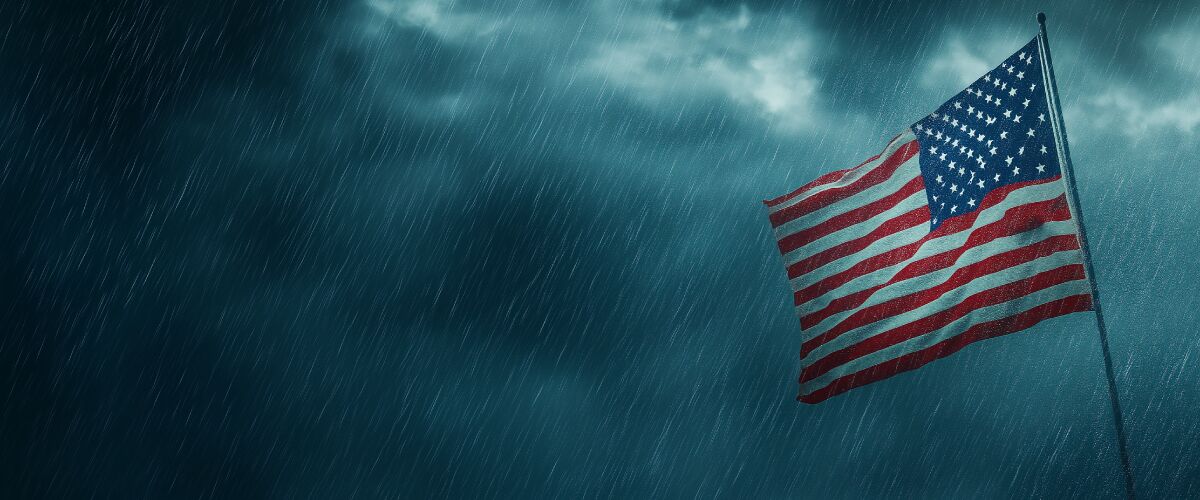 Concept art of an article about the US Dollar Global Dominance: American flag waving on a rainy day (AI Art)