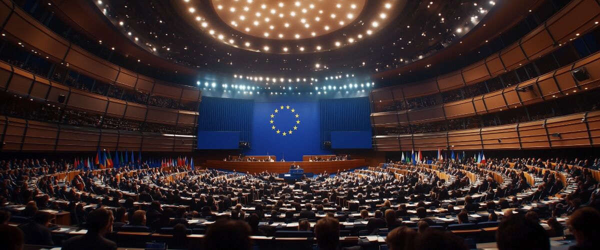 Concept art of an article about the Eurozone Crisis 2022: Inside the European Parliament in Brussels (AI Art)